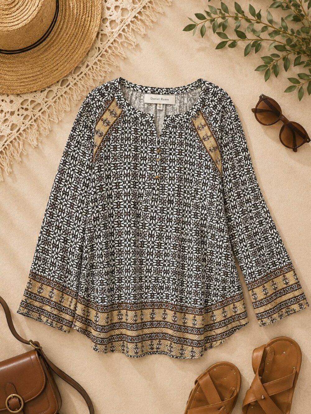11-1-TYLHO Boho Border Print Rayon Tunic Blouse Large NWT